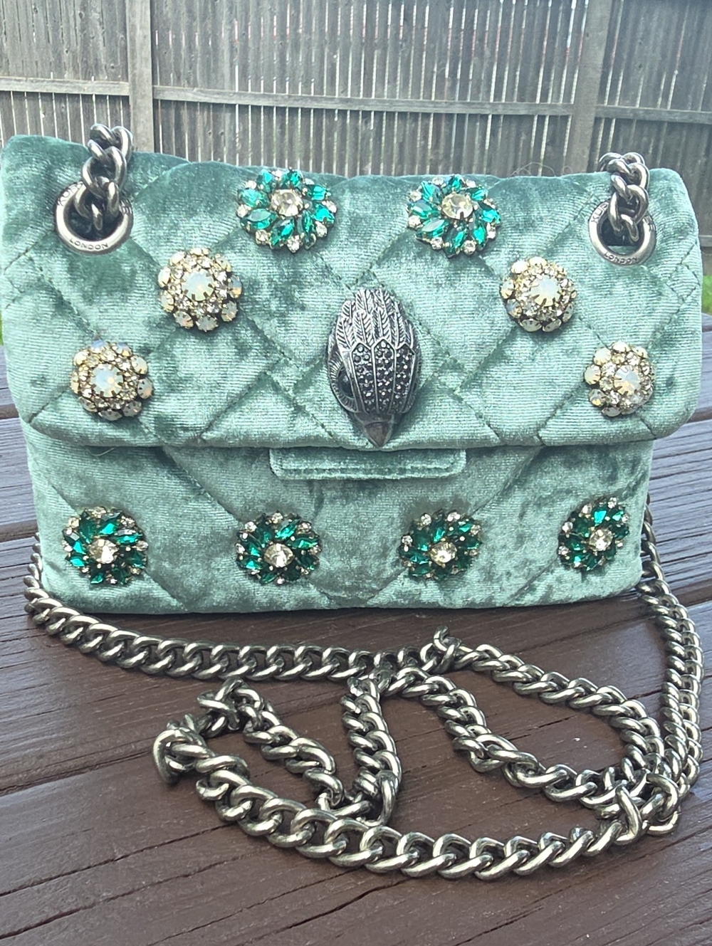 Kurt Geiger Embellished Quilted Green Velvet Shoulder Bag - Picture 1 of 16
